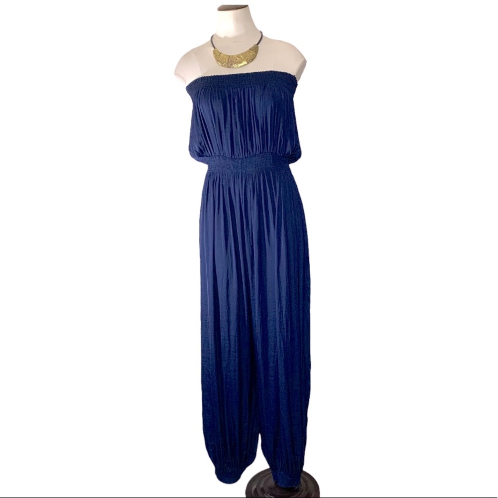 Silky Breezy Electric Navy Blue Loose Romper Off Shoulder Elastic Hems Size M/L